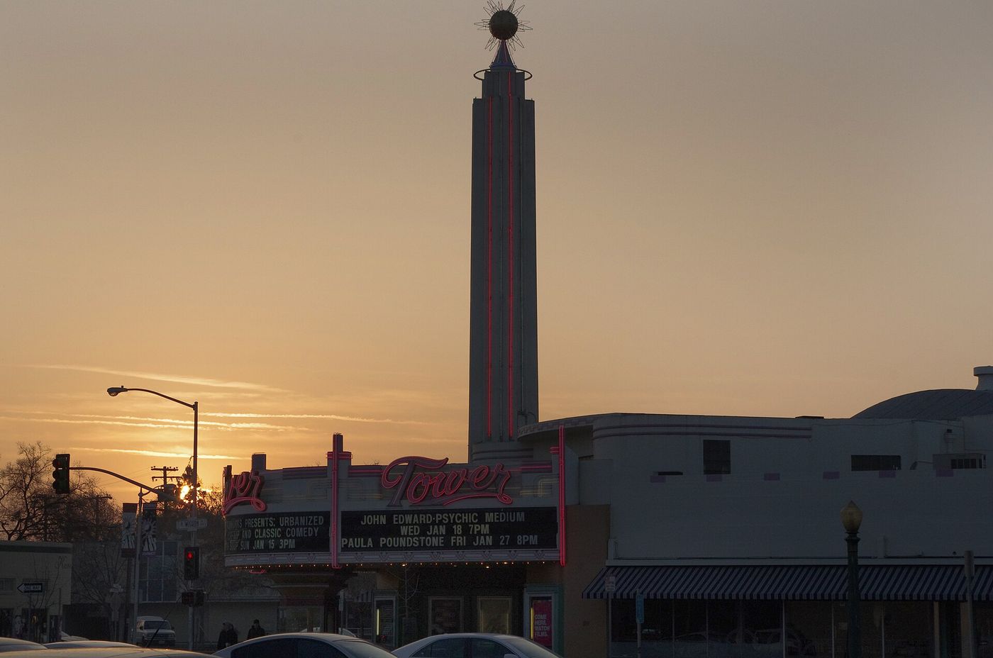 The Tower Theatre in Fresno, California, at dusk